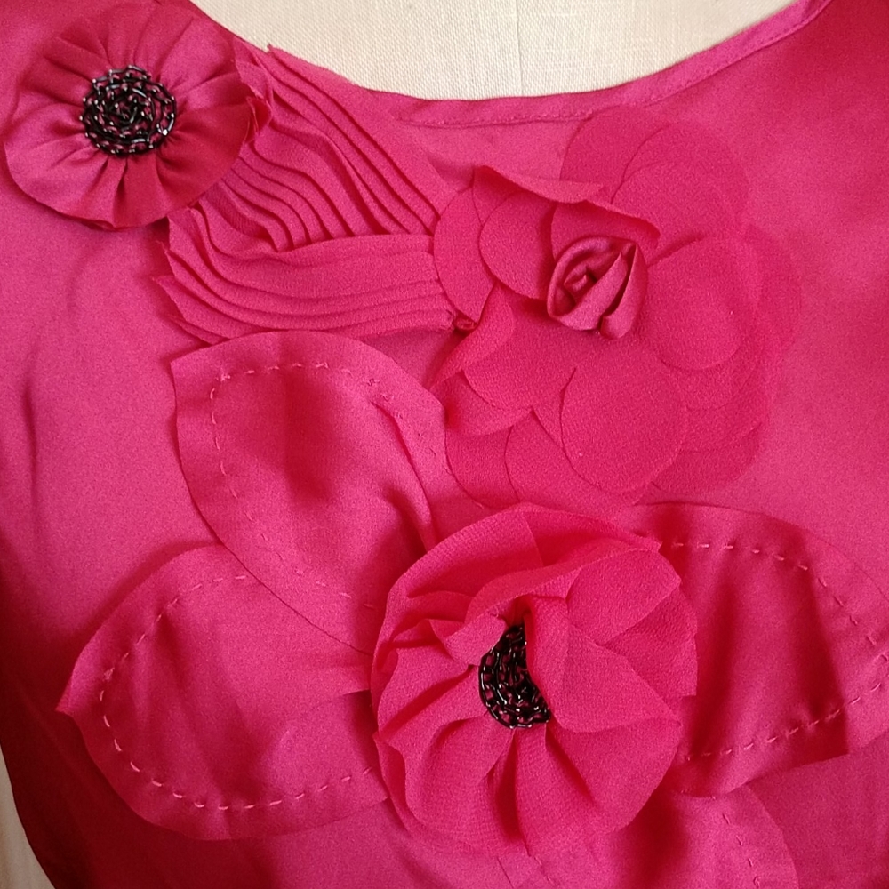 NWT Rosey Pink PolySatin & Chiffon Beaded Appliqued Flower Blouse NWT
